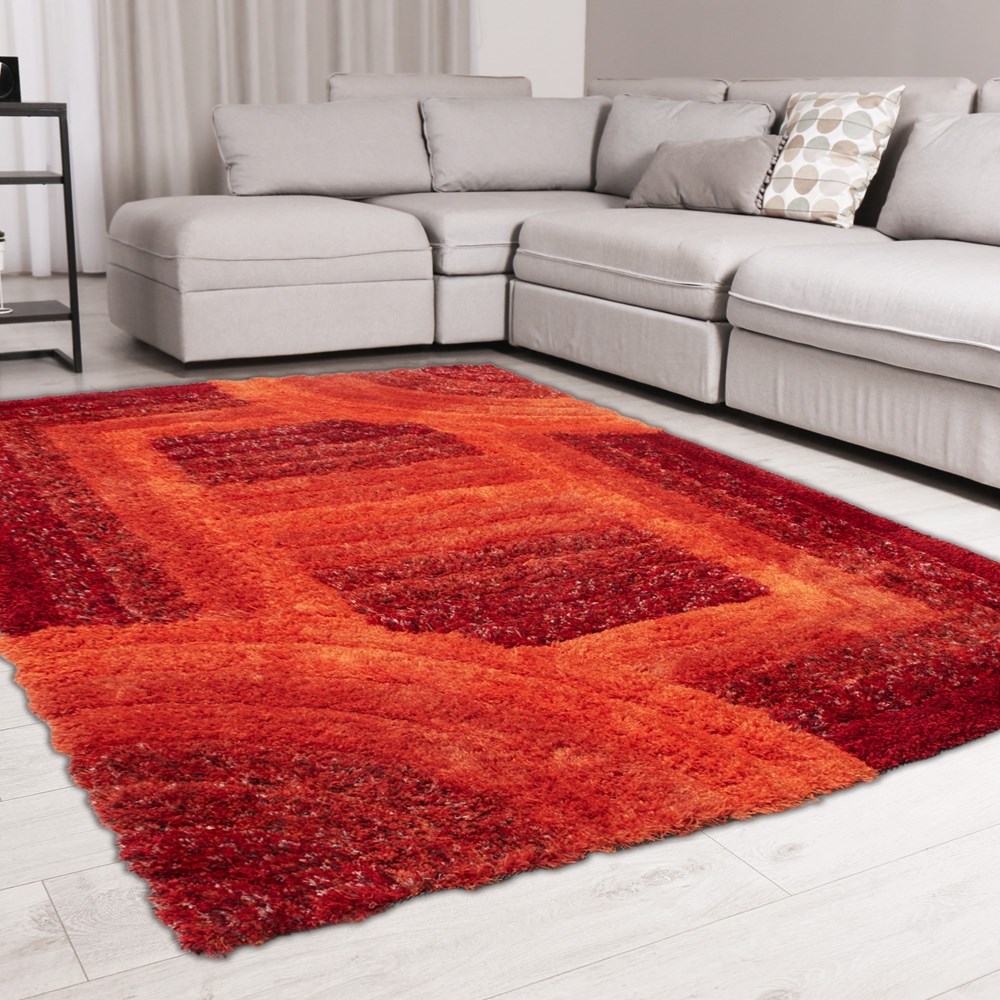 Trellis 3D Shaggy Geometric Modern Rugs in Red Orange